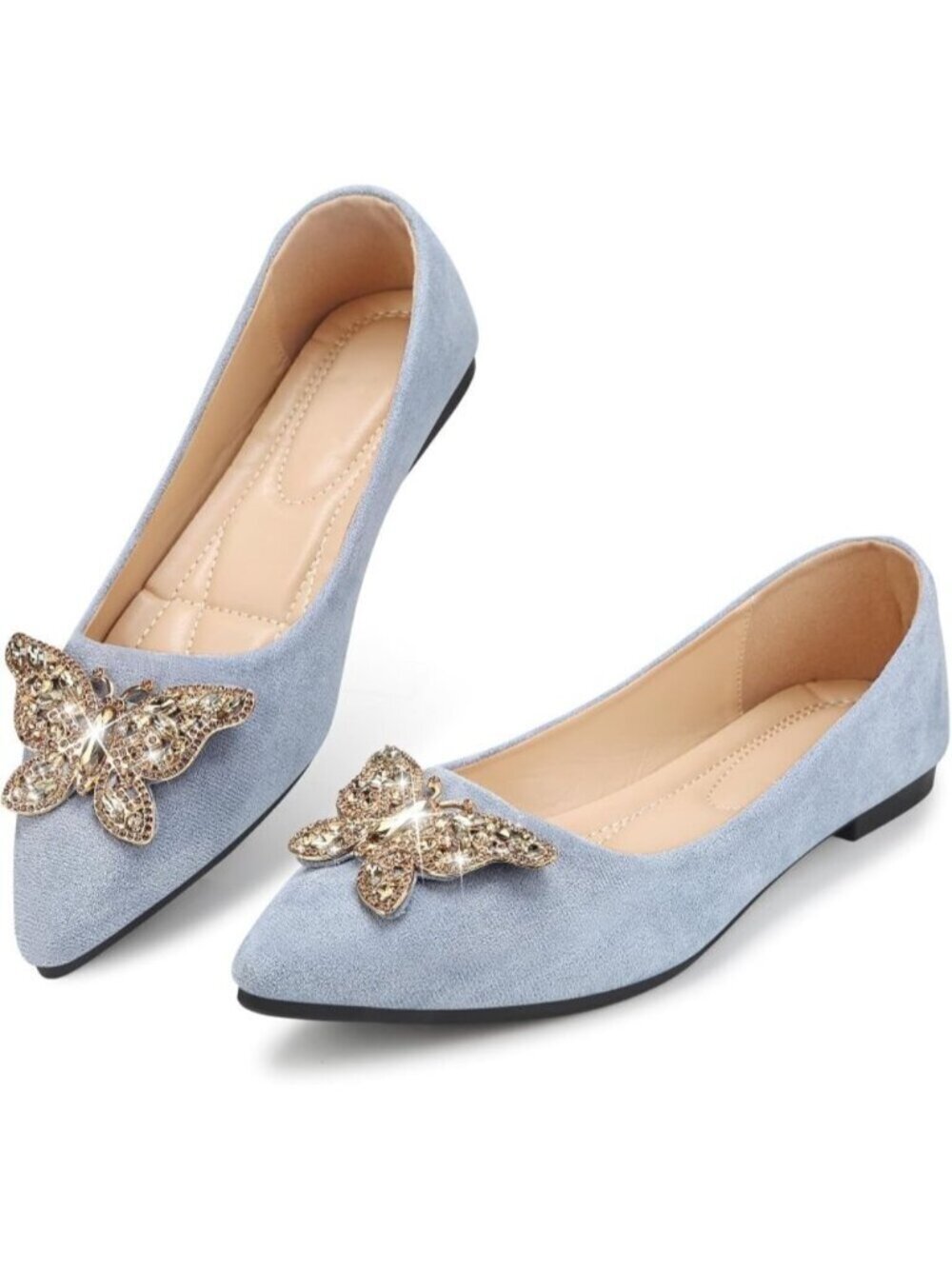 Women's Blue 1 Pointed Toe Pearl Flats Faux Suede Comfort Dress Flats Casual